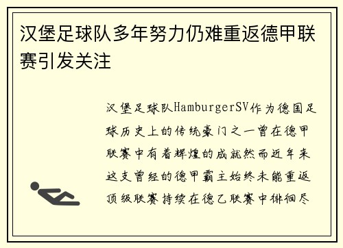 汉堡足球队多年努力仍难重返德甲联赛引发关注 汉堡足球队多年努力仍难重返德甲联赛引发关注